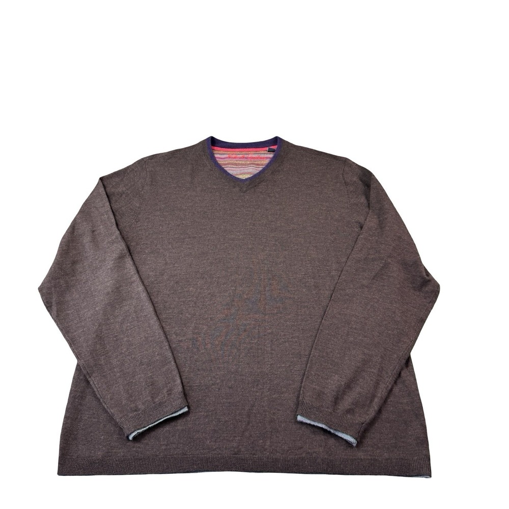Robert Graham Brown V Neck Mens L/S Wool Sweater Size XL